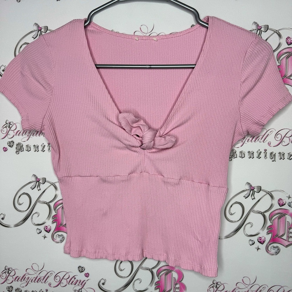 Garage tshirt top pink ribbon 🎀 bow tie up middle ribbed fabric stretchy cute